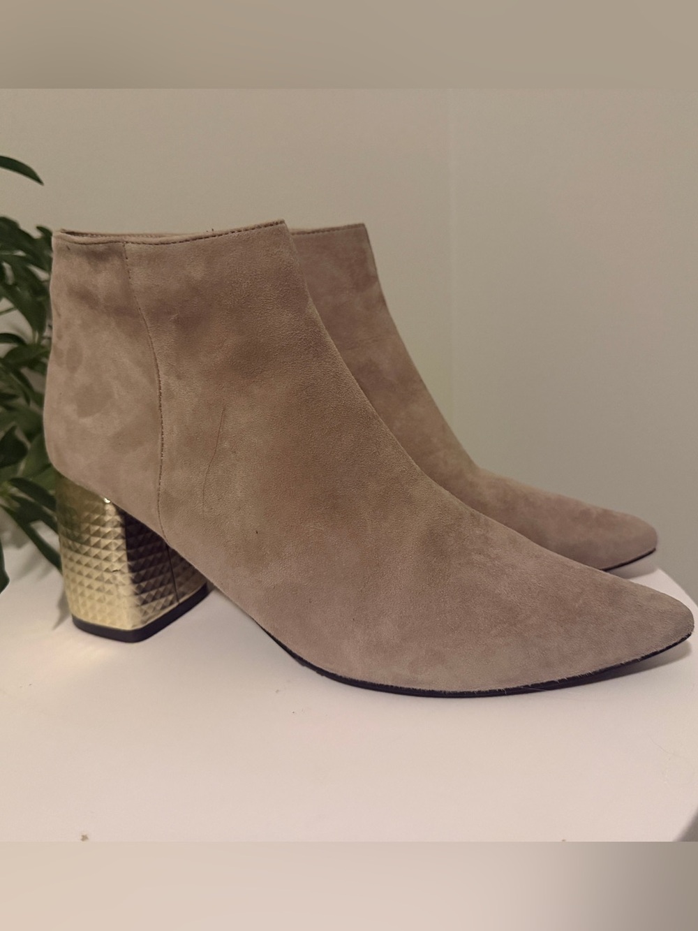 Vaneli Taupe Suede Ankle Booties with Textured Gold Heel